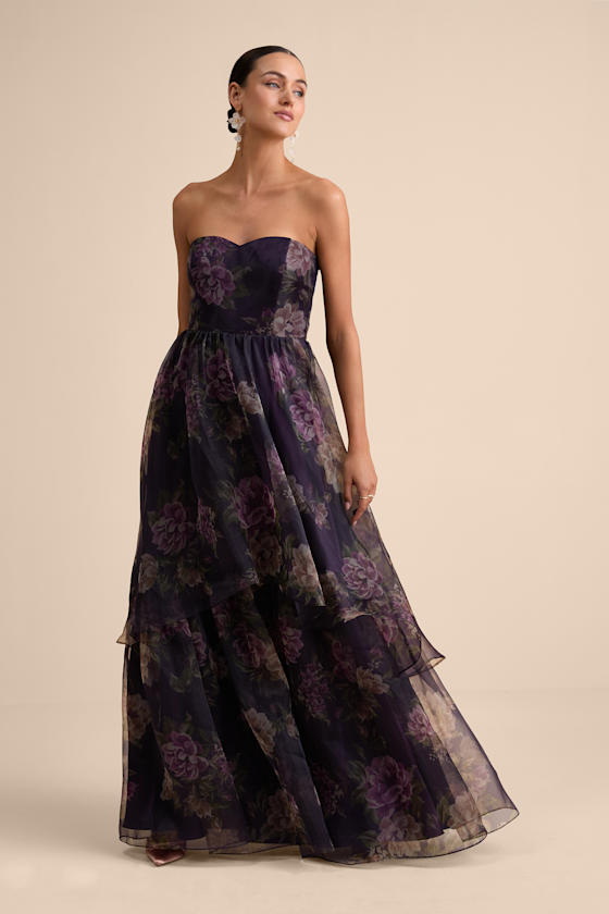 Truly Extraordinary Purple Floral Organza Strapless Maxi Dress