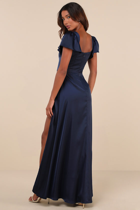 Ultimate Sweetness Navy Blue Satin Flutter Sleeve Maxi Dress