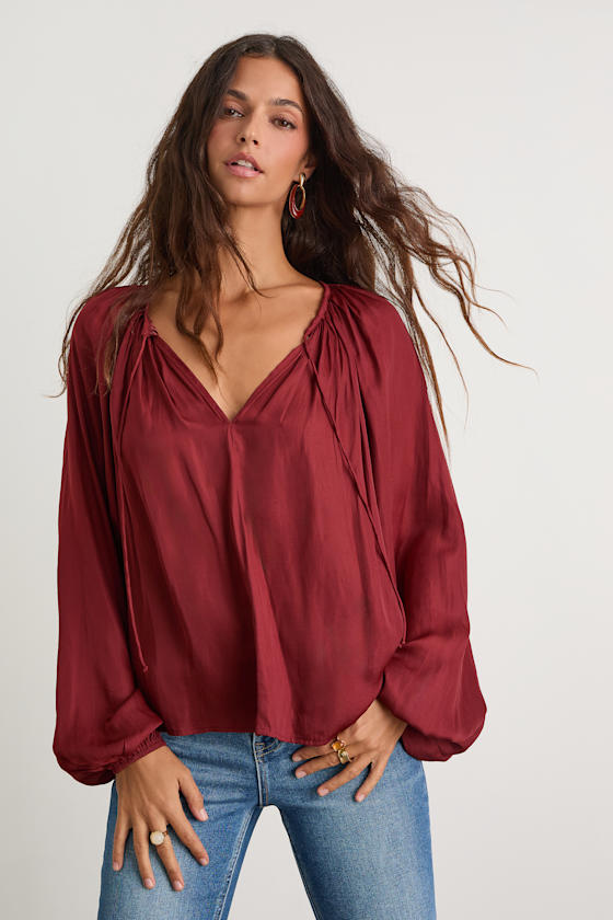 Hestia Wine Red Gathered Balloon Sleeve Top