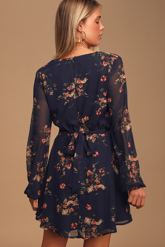 Always Yours Navy Blue Floral Print Long Sleeve Skater Dress