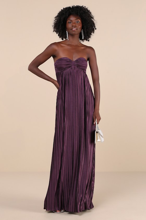 Whimsical Beauty Dark Purple Satin Plisse Strapless Maxi Dress