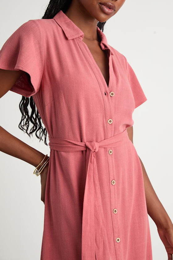 Italian Summer Rusty Rose Linen Button-Up Short Sleeve Dress