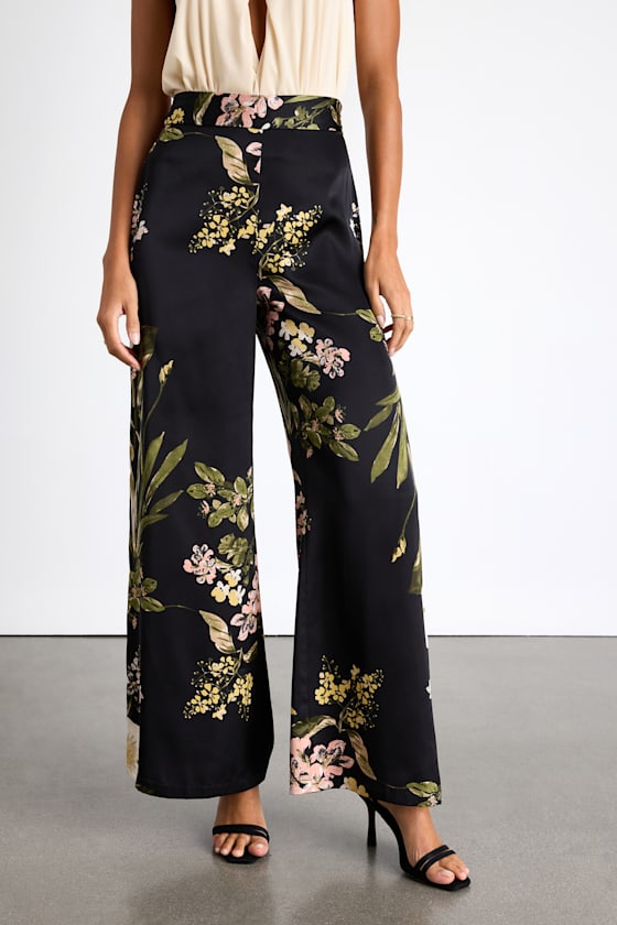Thriving Vibes Black Multi Floral Print Satin Wide-Leg Pants