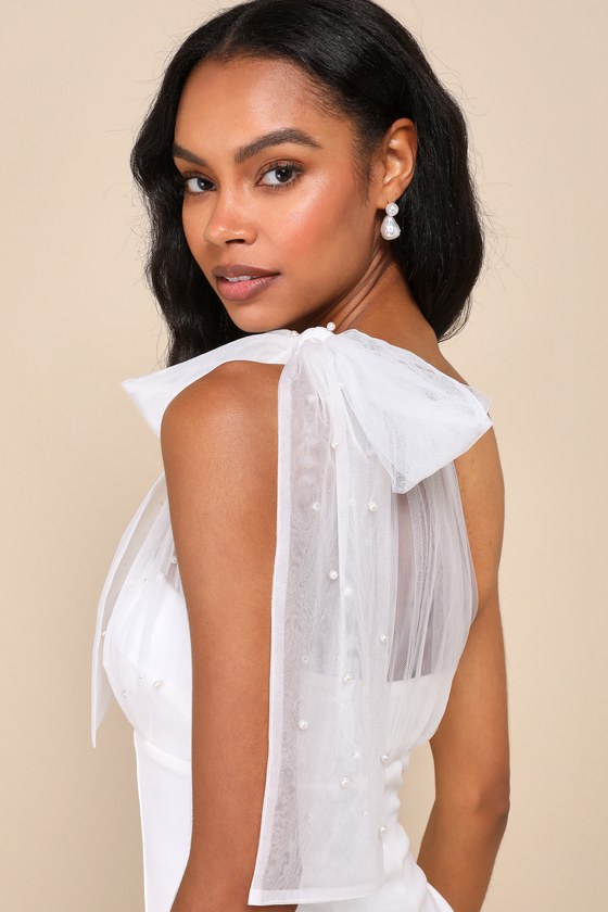 Elegant Indication Ivory Mesh Pearl One-Shoulder Midi Dress