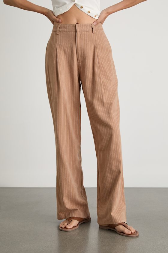 Siyana Tan Pinstriped Linen Straight Leg Trouser Pants