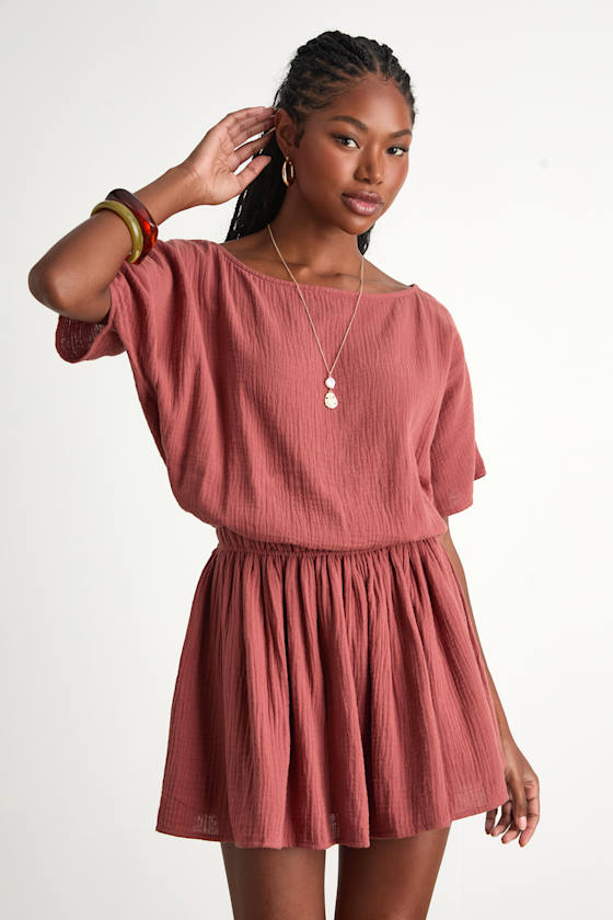 Aevorn Rusty Rose Gauzy Short Sleeve Mini Dress