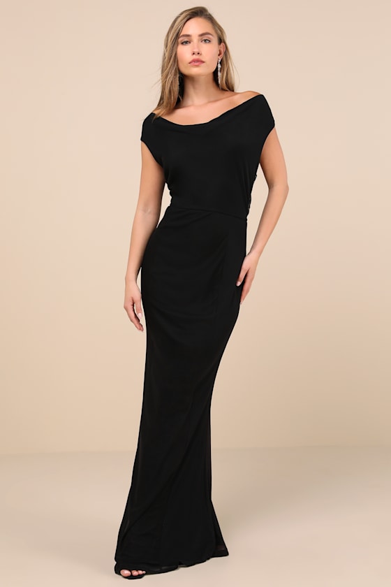 Stunning Mystery Black Mesh Cowl Back Mermaid Maxi Dress
