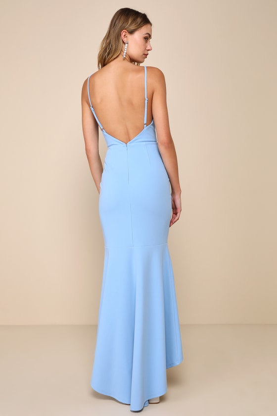Stunning Enchantment Light Blue Backless Trumpet Hem Maxi Dress