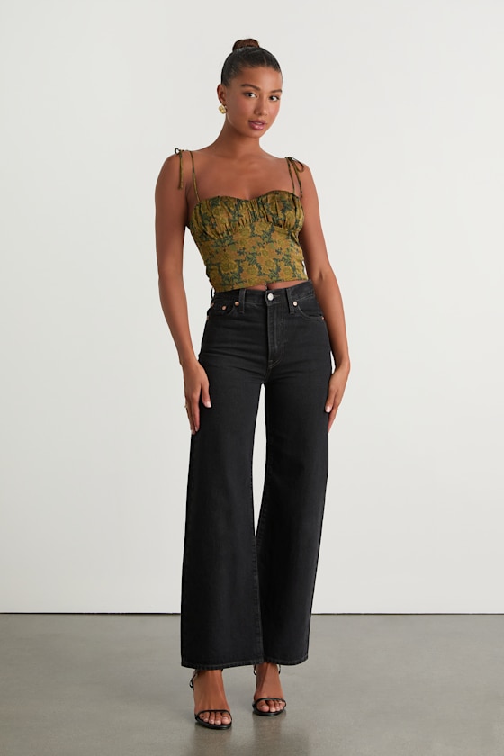 Raissa Olive Green Floral Satin Tie-Strap Crop Top