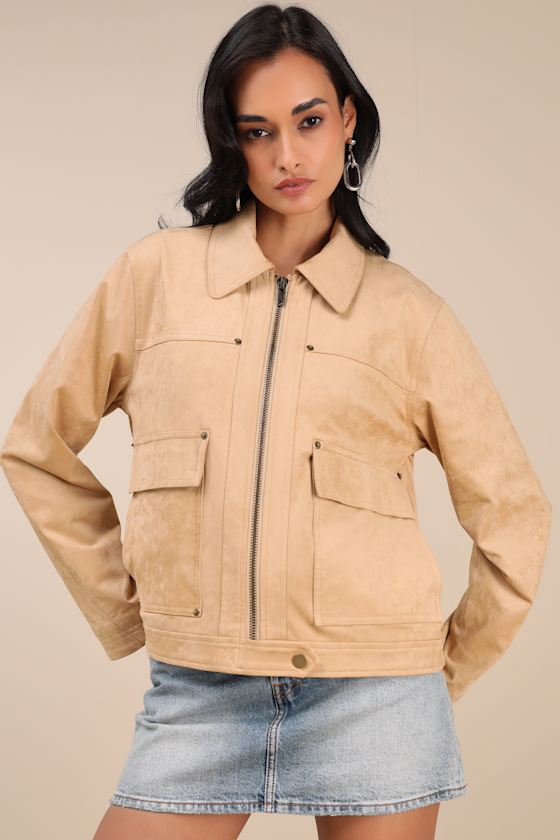 Bayton Beige Suede Zip-Front Trucker Jacket