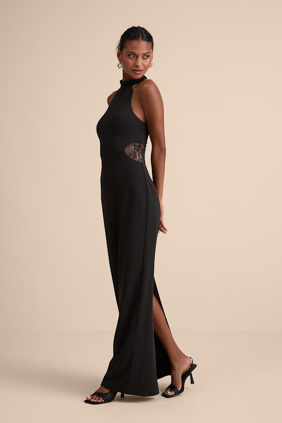 Vira Black Mock Neck Lace Cutout Maxi Dress