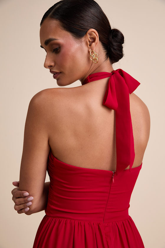 Emrah Red Cross-Front Cutout Halter Midi Dress