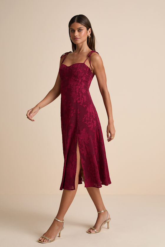 Loveliest Looks Burgundy Floral Jacquard Tie-Strap Midi Dress