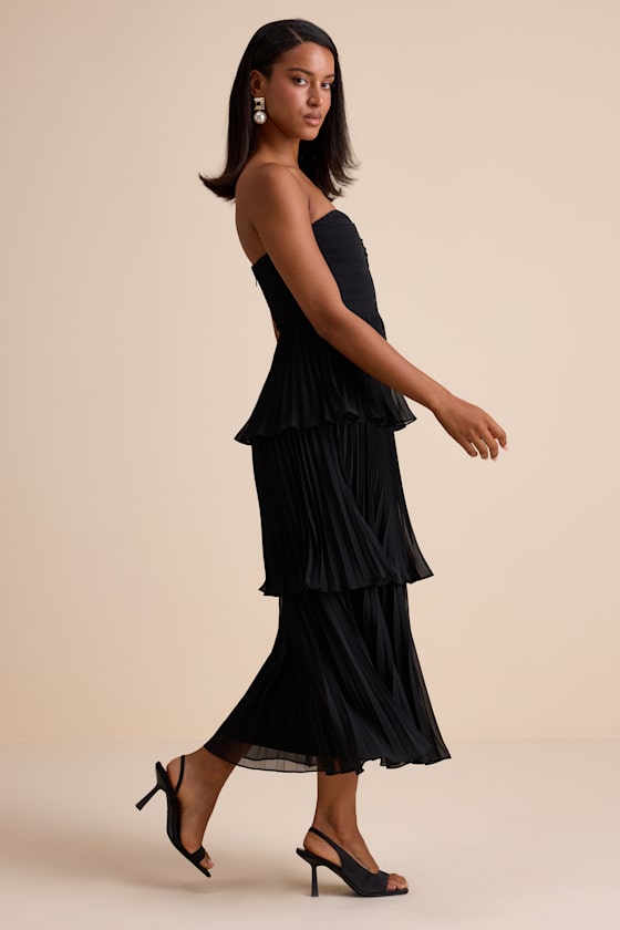 Seriously Sensational Black Strapless Tiered Midi Dress
