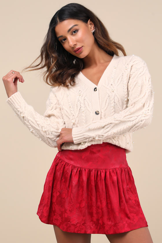 Sensational Approach Red Satin Jacquard Mini Skirt