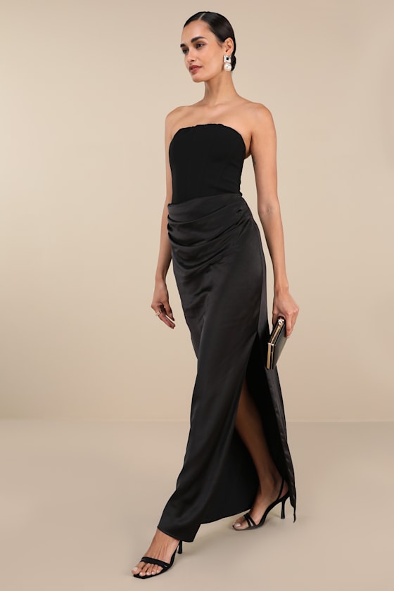 Mella Black Mixed Media Strapless Maxi Dress