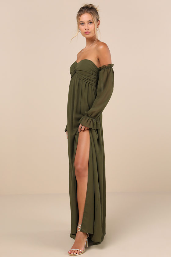Glorious Invite Olive Green Knotted Off-the-Shoulder Maxi Dress
