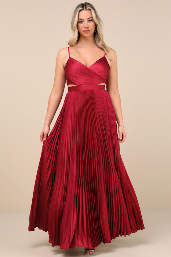 Got the Glam Wine Red Pleated Cutout Maxi Dress