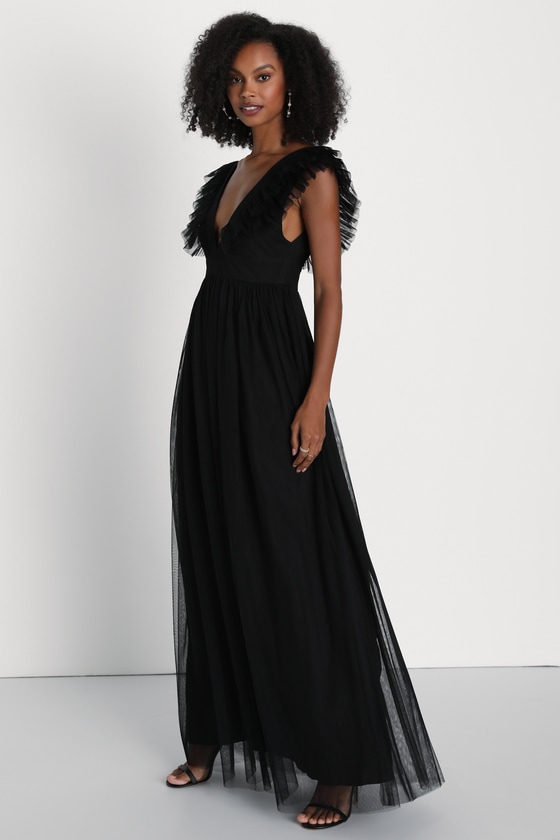 Simply Delighted Black Mesh Ruffled Backless Maxi Dress