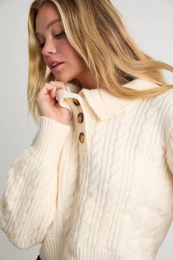 Cozy Agenda Cream Collared Cable Knit Sweater