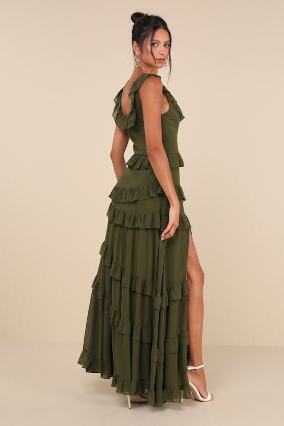 Compelling Romantic Olive Green Ruffled Tiered Maxi Dress