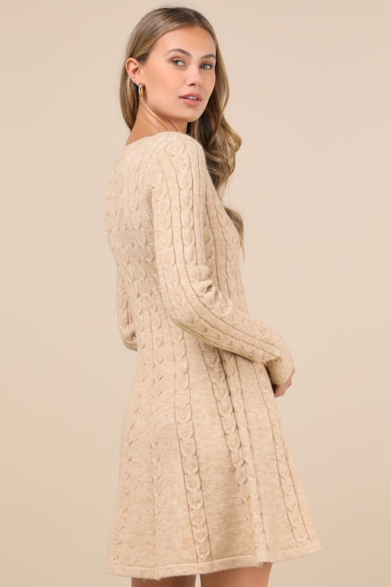 Sweetly Seasonal Beige Cable Knit Sweater Mini Dress