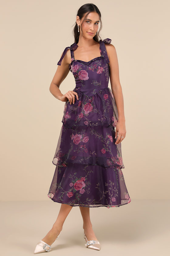 Fairytale Cutie Purple Floral Tie-Strap Tiered Midi Dress