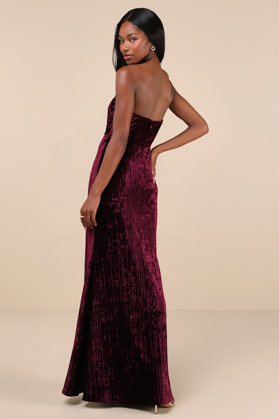 Classy Sensation Plum Velvet Pleated Strapless Maxi Dress