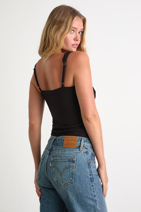 Calanthe Black Pointelle Knit Button-Front Tank Top