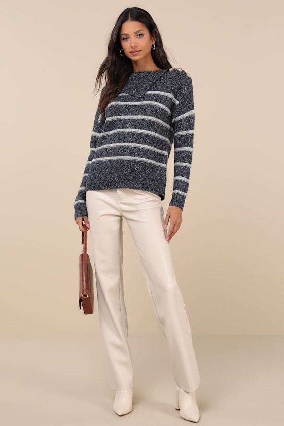 Cozy Warmth Navy Blue Marled Striped Sweater