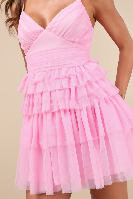 Special Poise Pink Tulle Pleated Sleeveless Tiered Mini Dress
