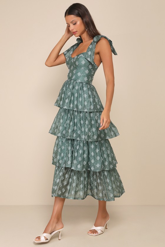 Gorgeous Excellence Teal Green Floral Burnout Tiered Midi Dress