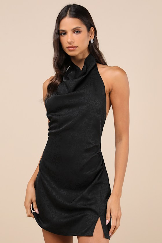 Simply a Stunner Black Jacquard Cowl Backless Mini Dress