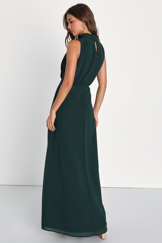 Classic Elegance Emerald Chiffon Sleeveless Mock Neck Maxi Dress