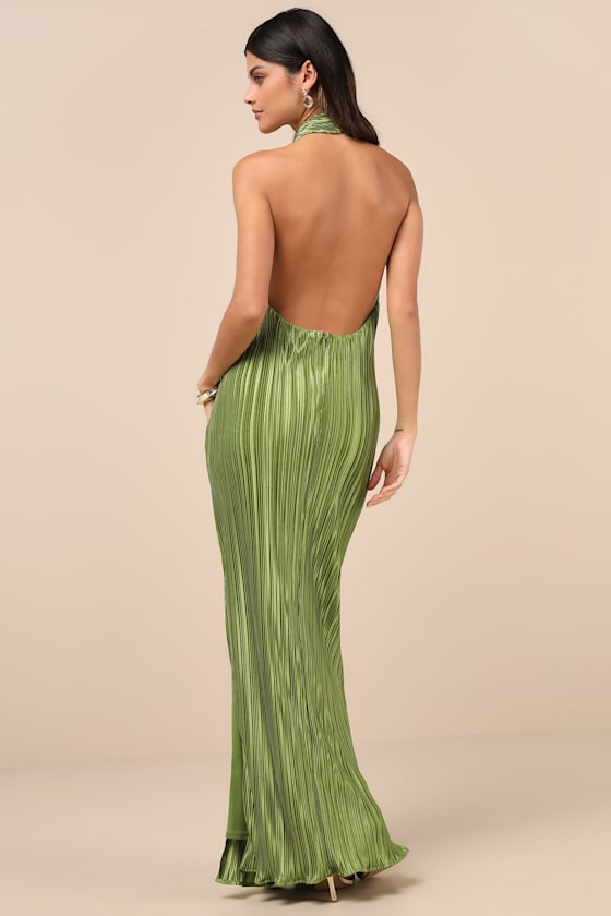 Gwenny Lime Green Satin Plisse Maxi Dress