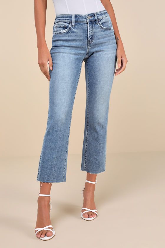 Melissa Light Wash Mid-Rise Straight Leg Raw Hem Jeans