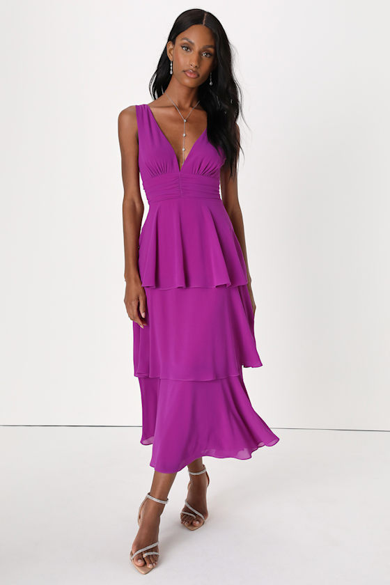Celebration Time Purple Sleeveless Tiered Midi Dress