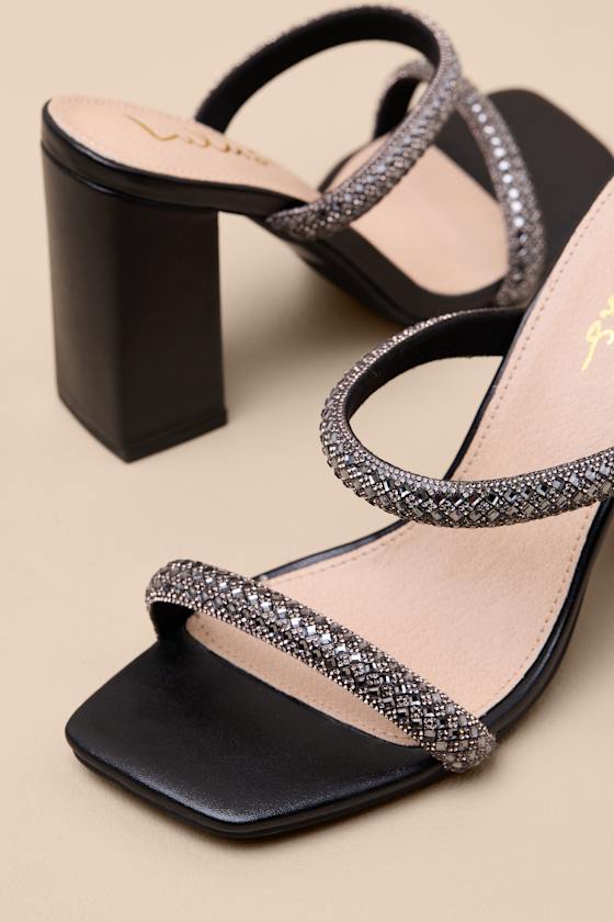 Cosmia Black Rhinestone High Heel Slide Sandals