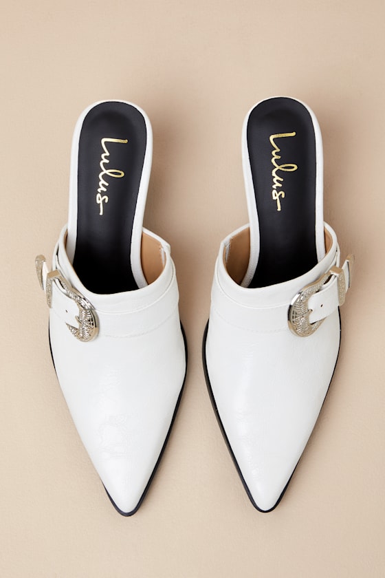 Isabetta White Pointed-Toe Buckle Mules