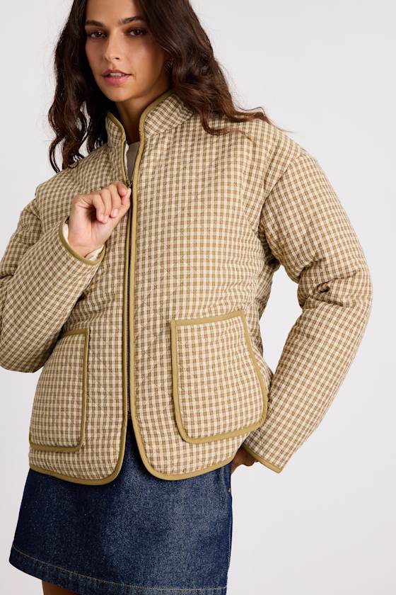 Bundled Perfection Olive Plaid Quilted Puffer Jacket