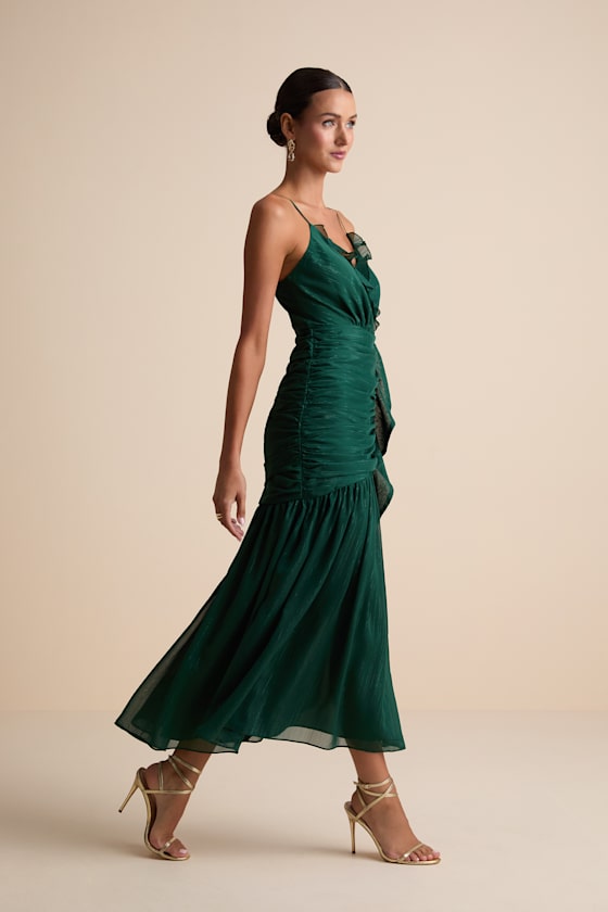 Stunning Soiree Emerald Lurex Ruched Midi Dress