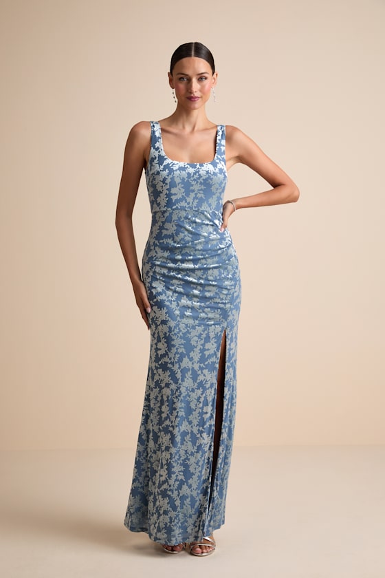 Miraya Dusty Blue Burnout Velvet Maxi Dress
