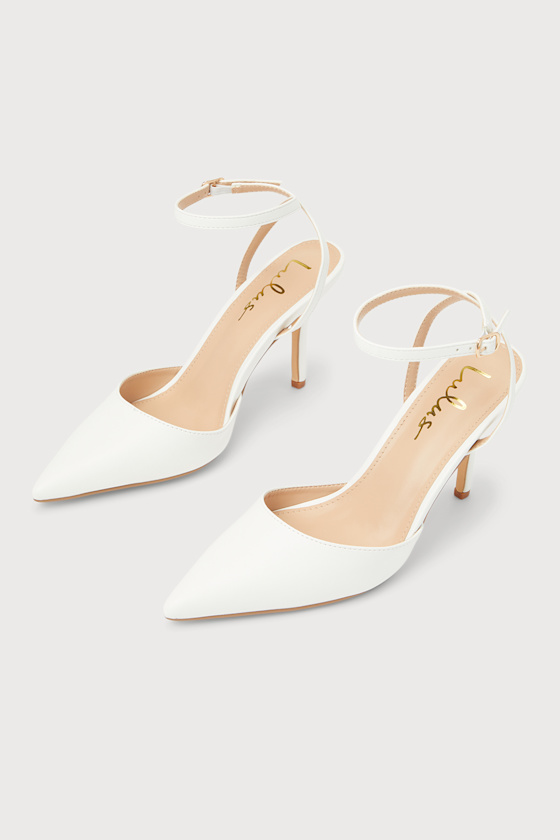 Azalian White Pointed-Toe Ankle Strap Heels