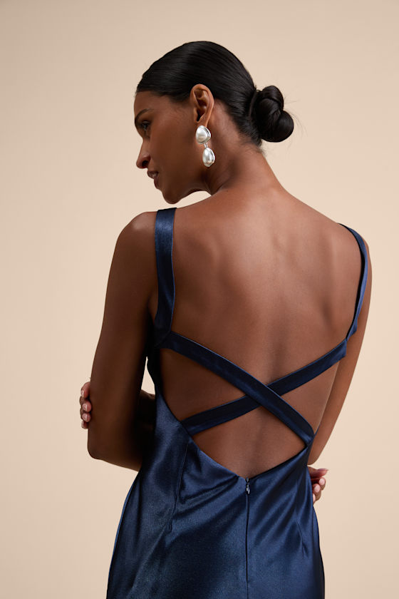 Perfectly Classy Navy Satin Strappy Maxi Dress