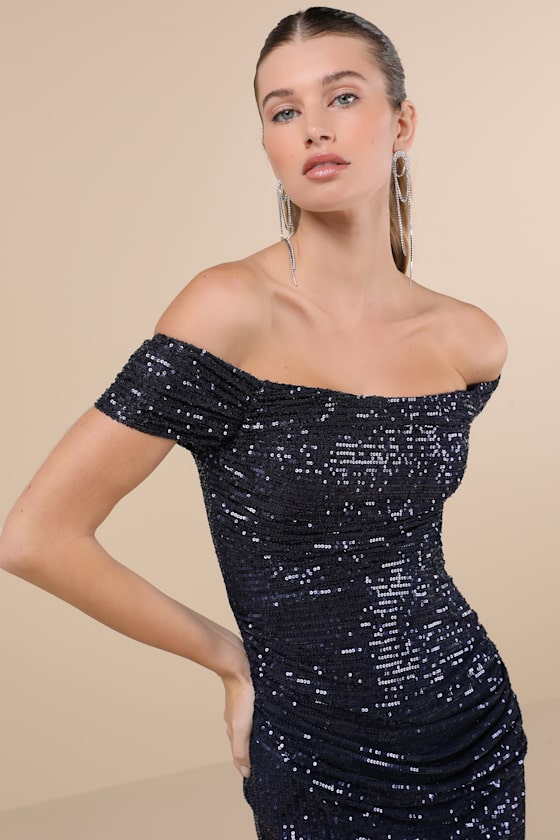 Glittering Attitude Navy Blue Sequin Off-the-Shoulder Mini Dress
