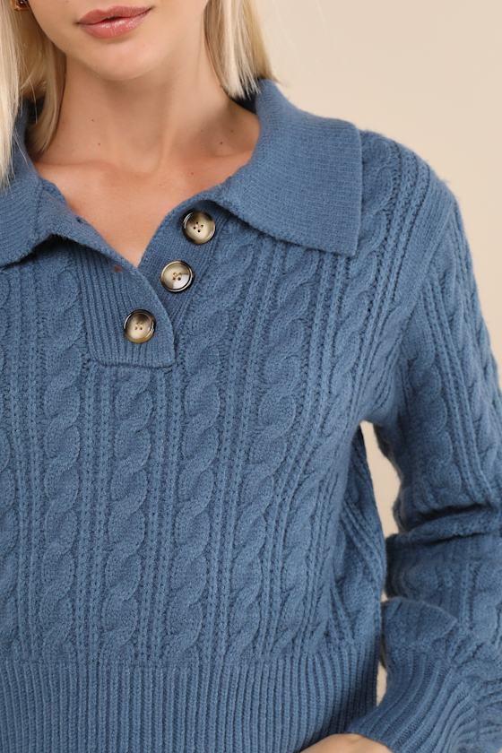 Cozy Agenda Dark Blue Collared Cable Knit Sweater