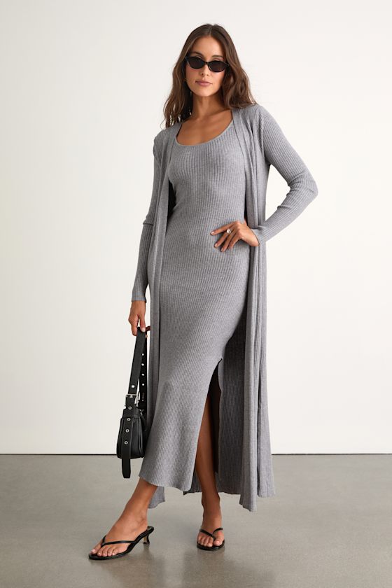 Layer Lover Heather Grey Ribbed Midi Dress & Cardigan Set