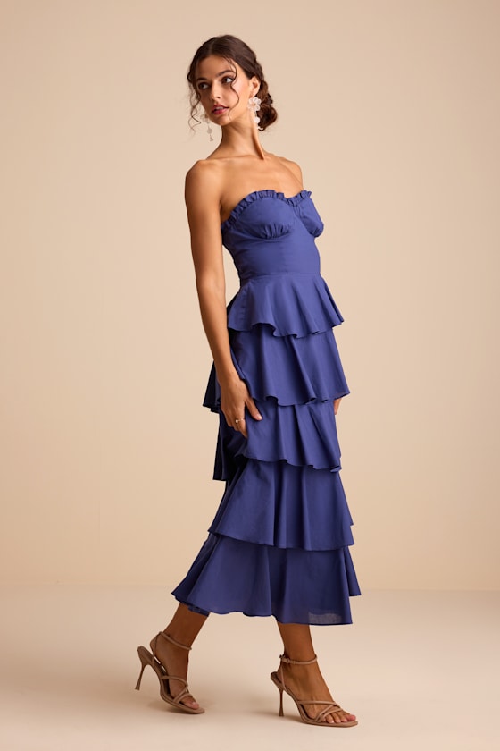 Nayha Blue Strapless Tiered Midi Dress