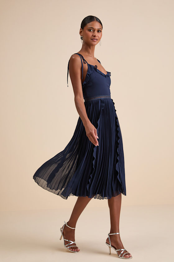 Never a Dull Moment Navy Tie-Strap Pleated Midi Dress
