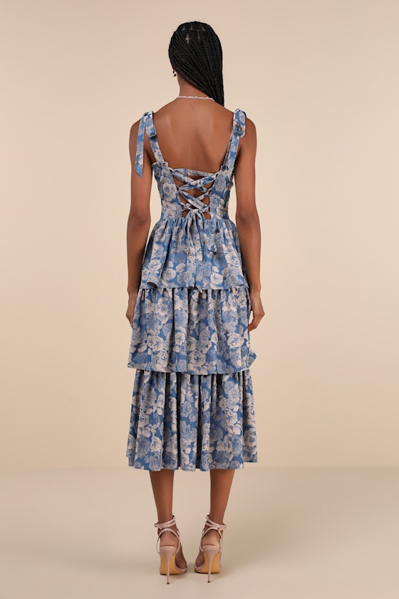 Lovely Bliss Blue Floral Jacquard Strapless Bustier Midi Dress
